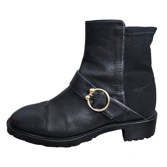 STUART WEITZMAN Luxering Buckle Black Leather Bootie Boots NEW - Picture 1 of 12